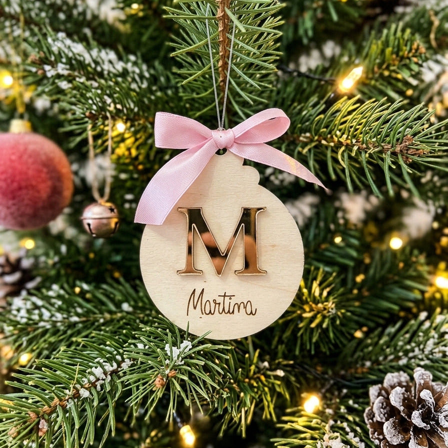 Sfera Natale in Legno Nome e Iniziale plexiglas