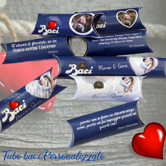 Tubo baci personalizzato con foto e frase dedica canzone con bacio incluso